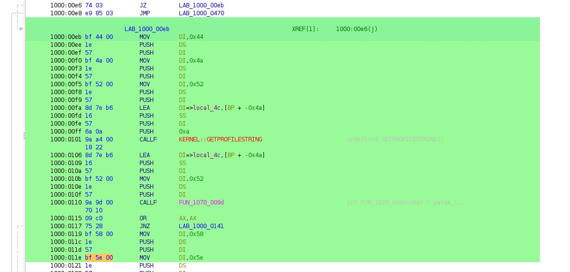 Captura de ghidra mostrando uno de los lugares donde se referencia la cadena de texto. El código muestra las direcciones de los argumentos que se pasan a la función de comprobación: el nombre del fichero INI, la sección y la clave de configuración consultada.