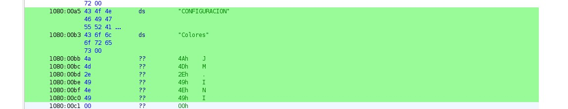 Captura del desensamblador mostrando las constantes usadas como parámetros, en este caso se trata del archivo JM.INI, sección [CONFIGURACION], clave "Colores".