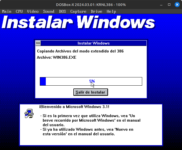 Captura de pantalla de DOSBox mostrando la instalación de Windows 3.1
